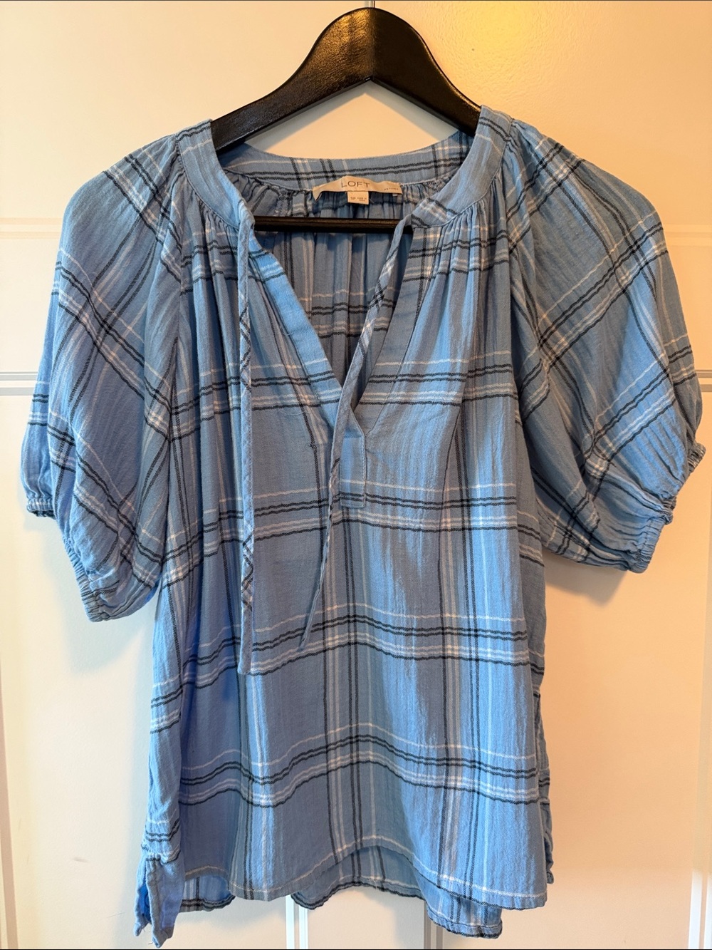 LOFT Blue Plaid Peasant Blouse